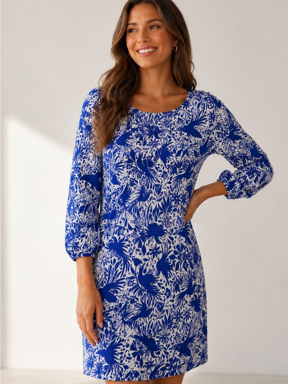 Boden Lucie Lapis Bird Ottomi Jersey Tunic Dress Blue White, Size 6L